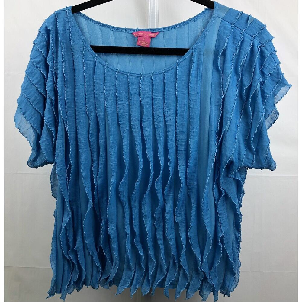 Sunny Leigh Ruffle Blouse Women M Blue Short Sleeve Round Neck Stretch Top USA